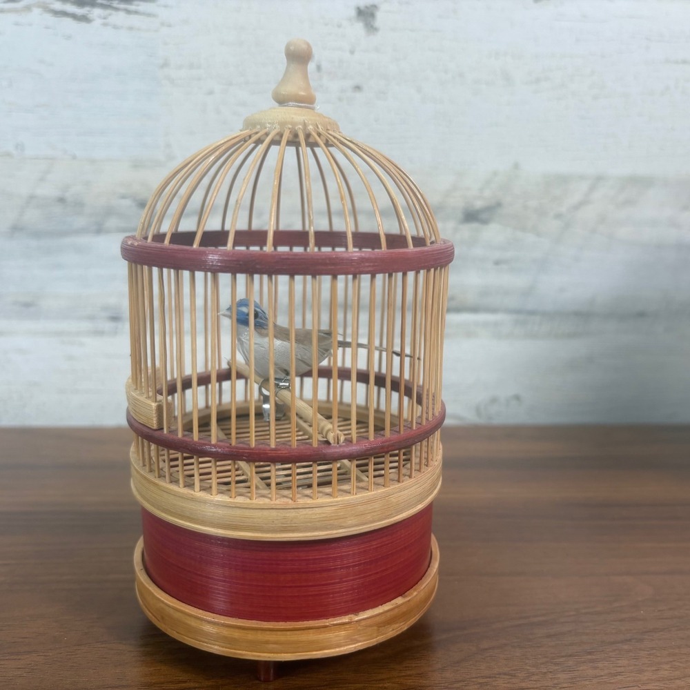 Vintage Germany Automaton Mechanical Black Naped Monarch Bird in Bamboo Cage 7"